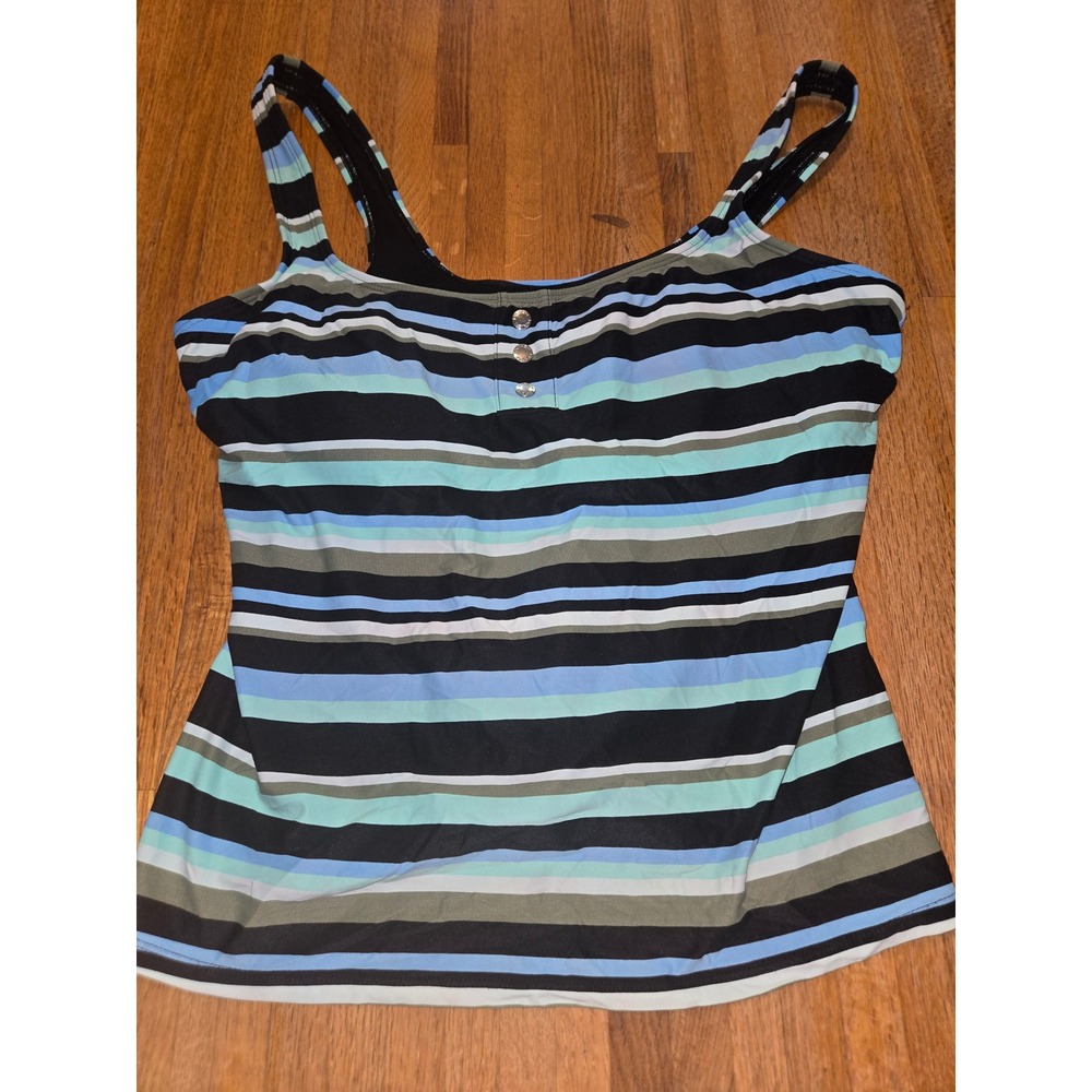 Beach House Women 16 Striped Built-in Bra Button Detail Tankini Swimwear Top
